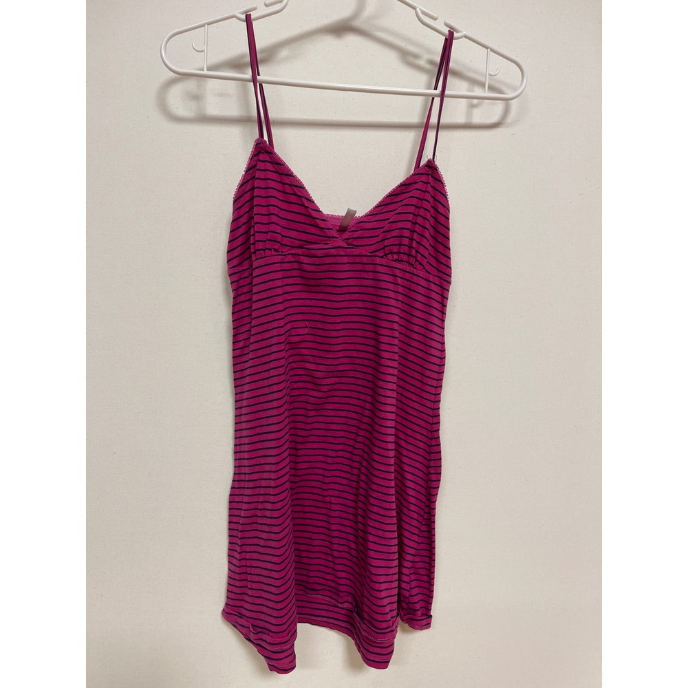 Bronzini Magenta Navy Striped Camisole V-Neck Lace Trim Spaghetti Strap Top M